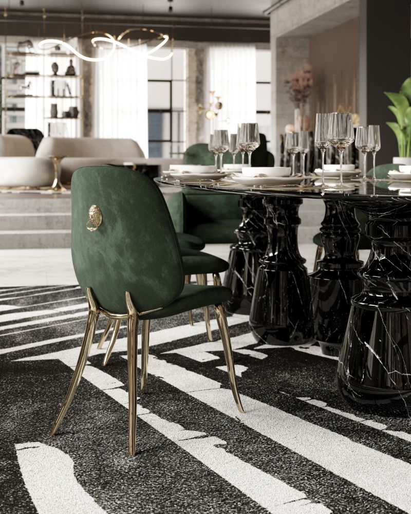 20 Dining Room Rug Ideas That Will Change Everything About Your Home Interior, modern classic dining room with Palm rug and marbled dining table and Soleil dining chairs