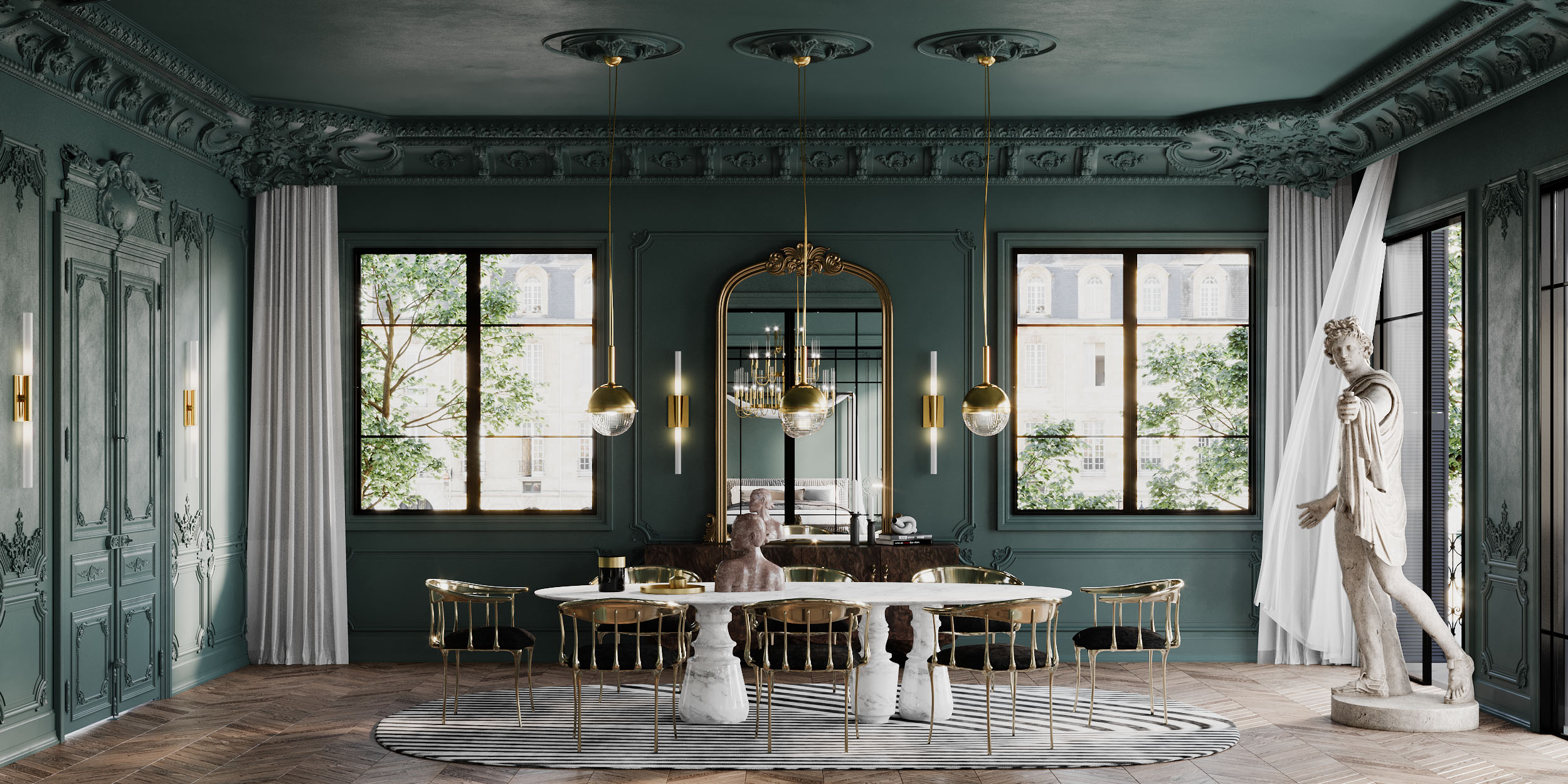 Luxurious dining room with gold hanging lights and dining chairs and with oval black and white rug