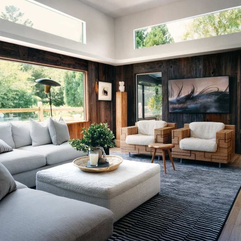 Jeremiah Brent, modern living room, contemporary furniture, stripped rug, textured upholstery