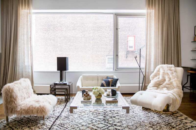 Jeremiah Brent, modern living room, contemporary furniture, black and white rug, textured upholstery