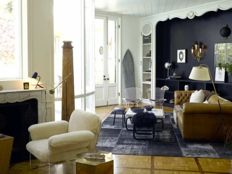 Jeremiah Brent, modern living room, contemporary furniture, blue rug, textured upholstery