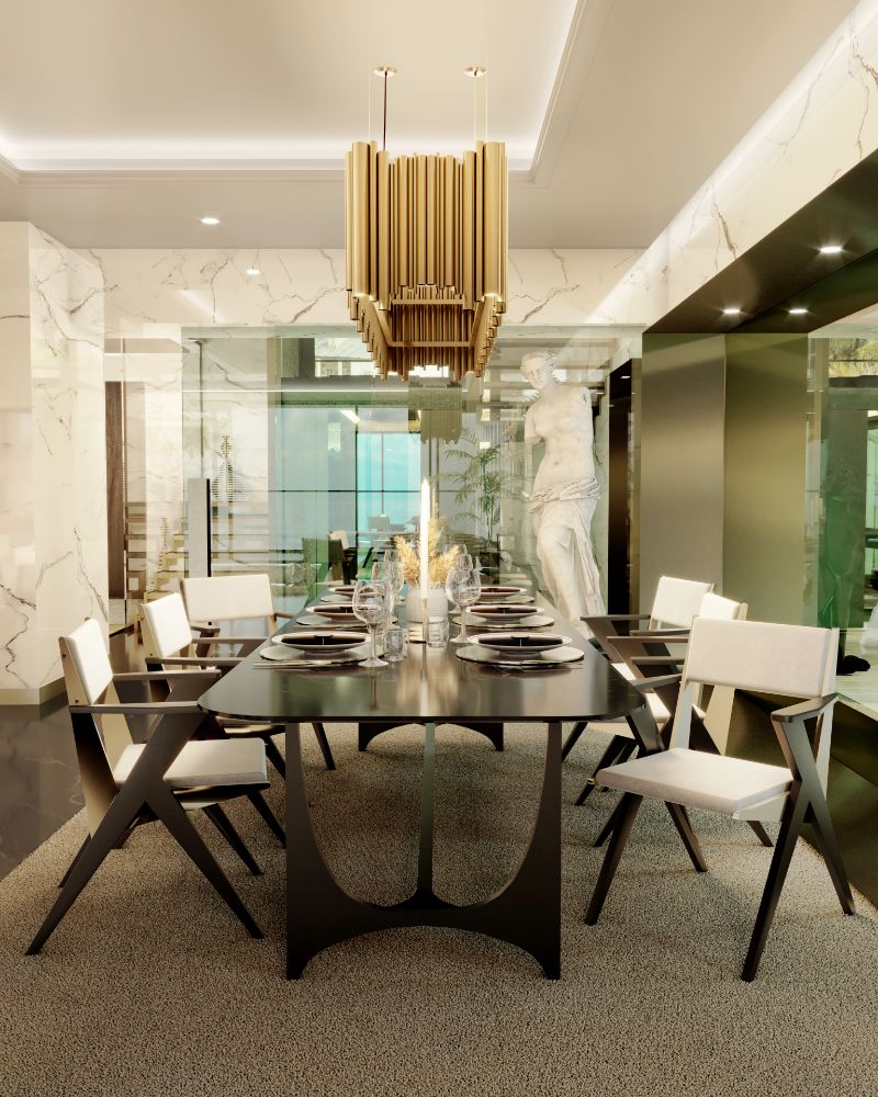 modern classic dining room with area rug and gold hanging lights