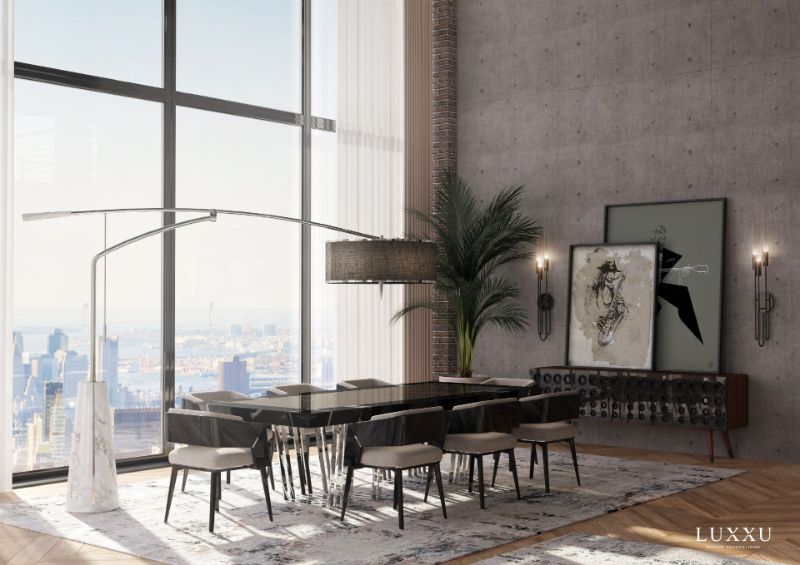modern dining room with area rug and dining chairs and dining table