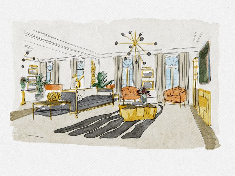 The Luxurious Crown Jewel Living Room with modern rug in aquarel