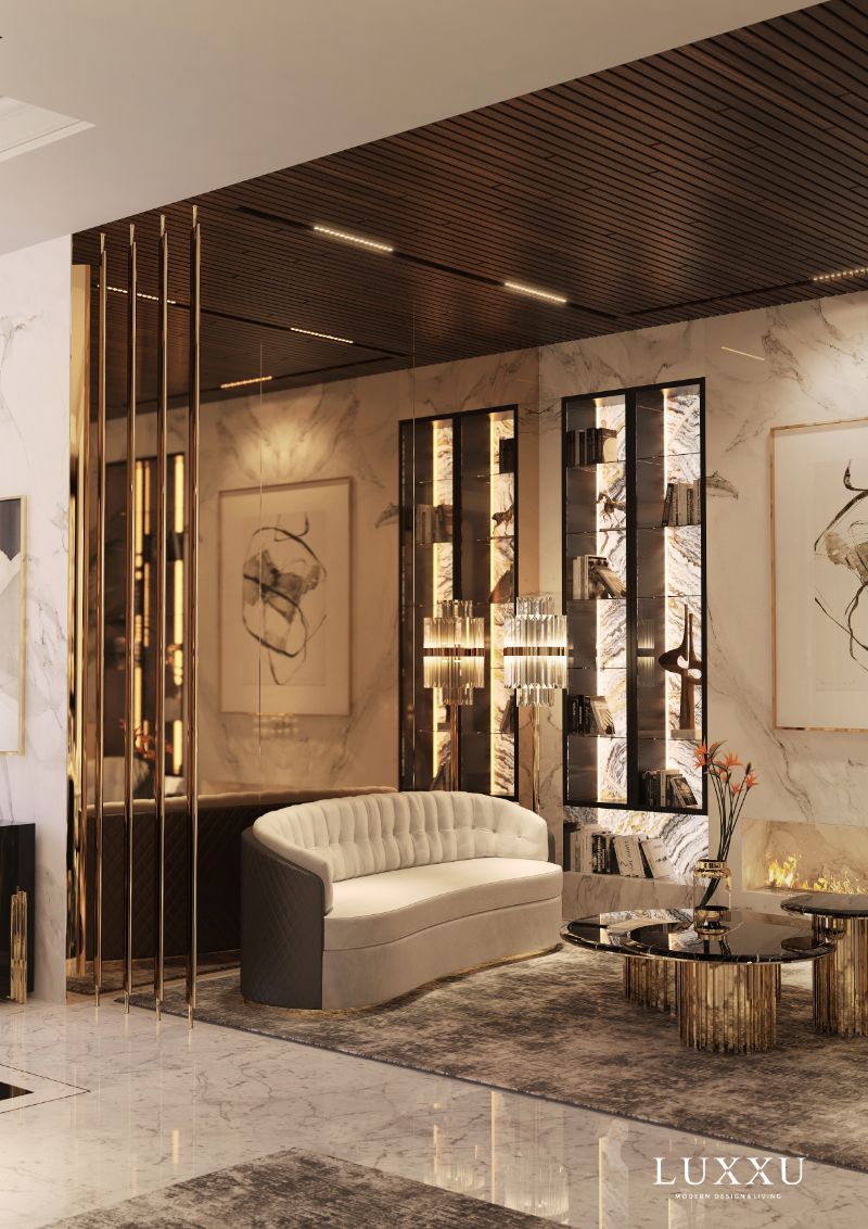 20 Fantastic Rugs to Decorate Your Modern Living Room, modern classic living room with gray lounge rug, with white velvet midcentury sofa, black and gold center table.