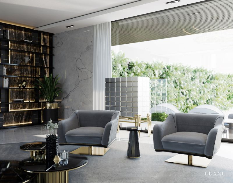 20 Fantastic Rugs to Decorate Your Modern Living Room, modern contemporary living room with round gray area rug, gray armchairs, black center table