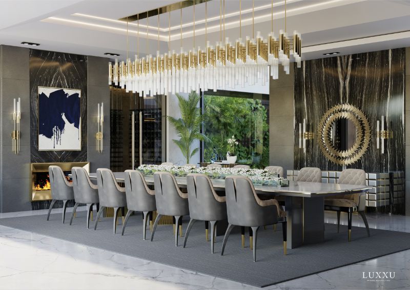 rectangular dining table with area rug in modern dining room