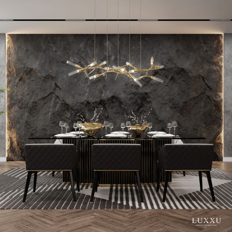 Modern Dining Room Rugs with Air Rug, black dining chairs and golden lights