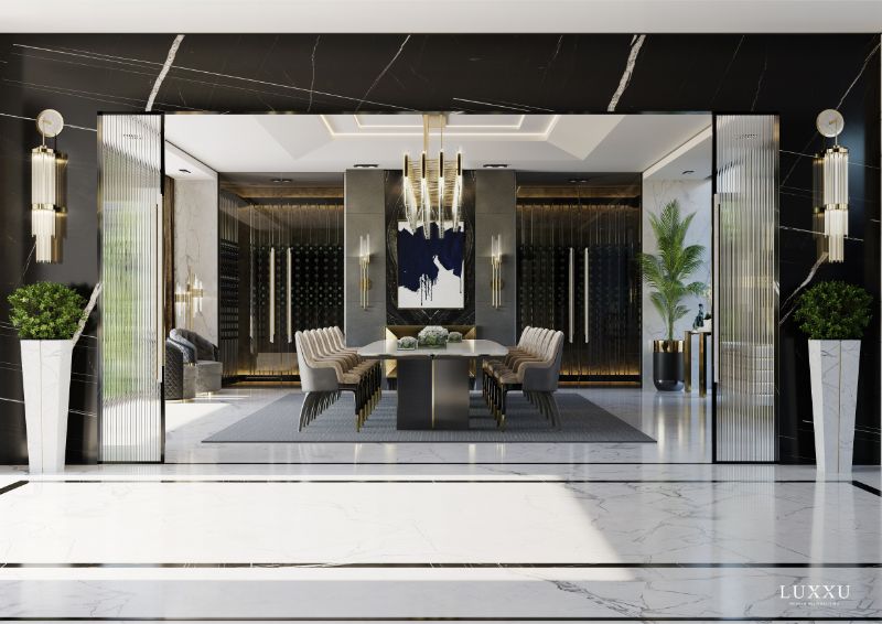 minimalistic dining room with gray rug