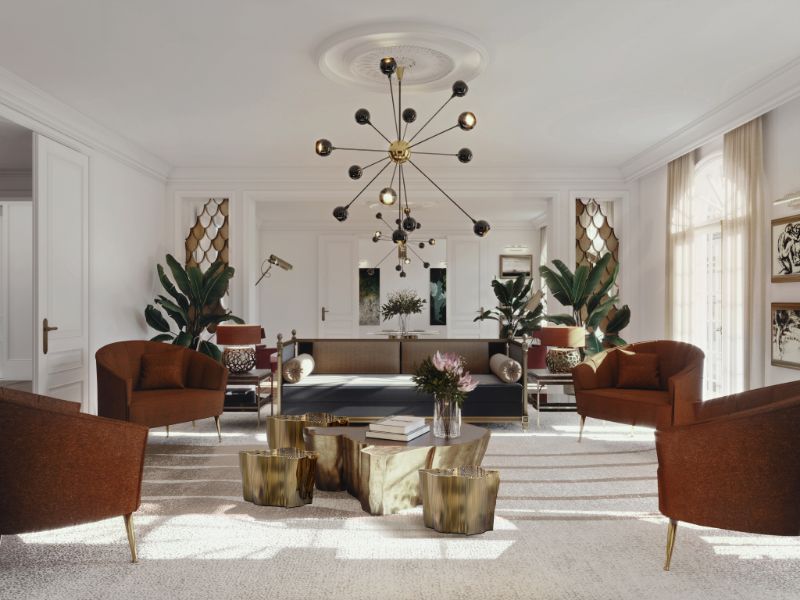 Luxurious Crown Jewel Living Room with modern rug, Neutral colored rug, brown-orange armchairs, black sofa, modern center table