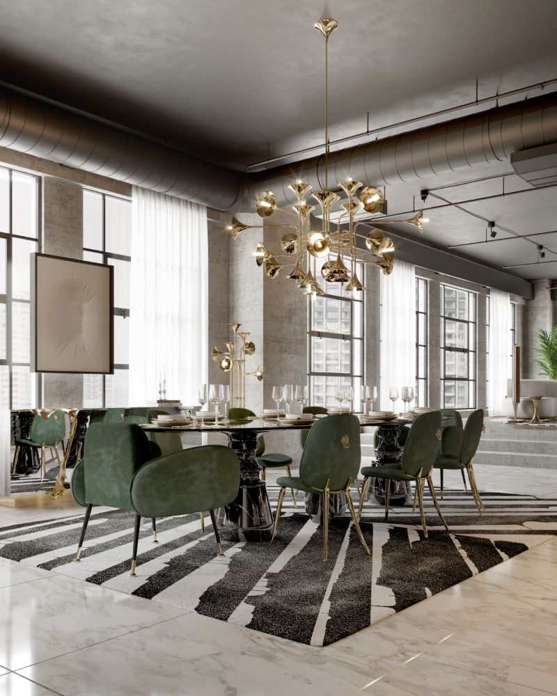 Modern classic dining room with palm rug, soleil dining chairs and black dining table.