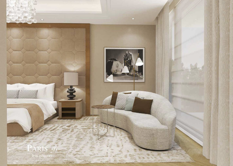 Paris 56 Fine Interiors with Fine Rugs,Privathaus / Villa Berlin, bedroom with a sofa and a side table serving as a center table, a ig bed headboard and a beautiful rug.