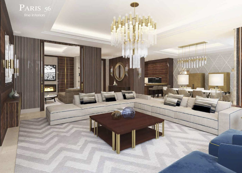 Paris 56 Fine Interiors with Fine Rugs; Privathaus / Villa Berlin living room with a big chandelier in the center, a square center table and a big beige couch.