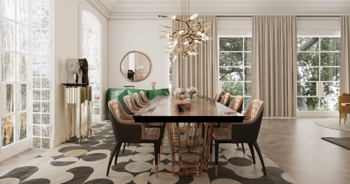 modern classic dining room with Yarsa rug, dining table and golden chandelier