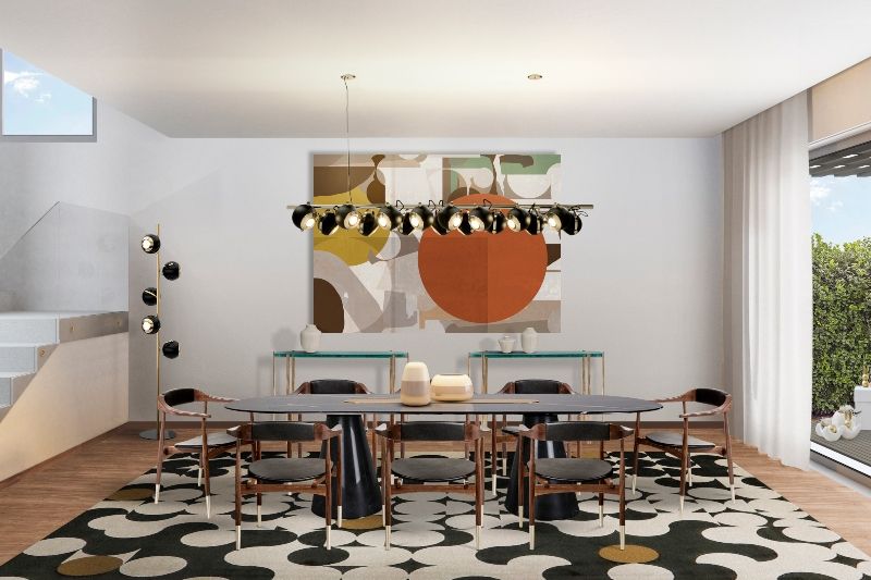 modern classic dining room with Yarsa Rug, black dining table and dining chairs