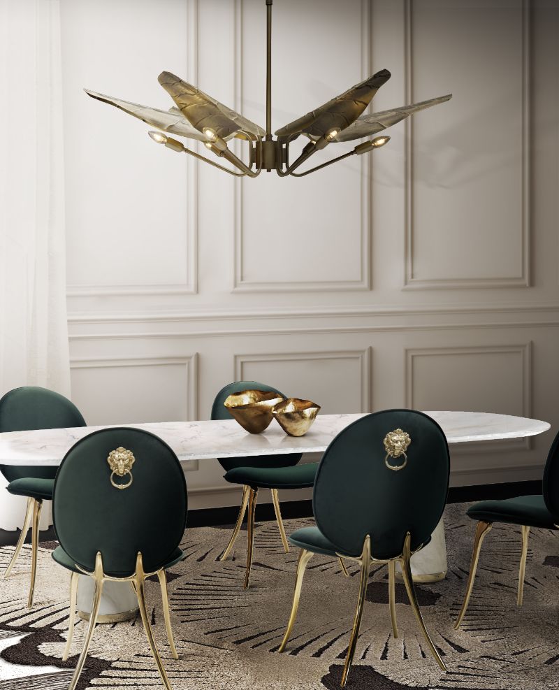 Deco rug in the dining room with suspension lights and agra dining table paired with soleil dining chairs