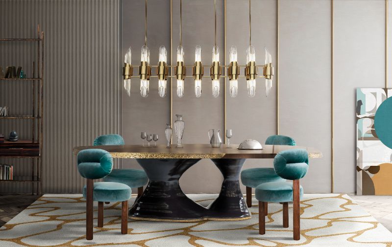 20 Dining Room Rug Ideas That Will Change Everything About Your Home Interior modern dining room with cell rugs, blue dining chairs and black and gold table