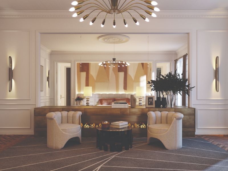 Modern contemporary dining room with gray area rug, contemporary armchairs and black center table.