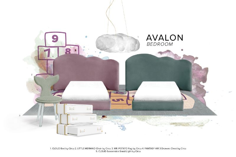 The Best Interior Design Rug For The Avalon Bedroom. Childern's bedroom with Mr Potato rug, cloud suspending lights and gray beds with mermaid chair.