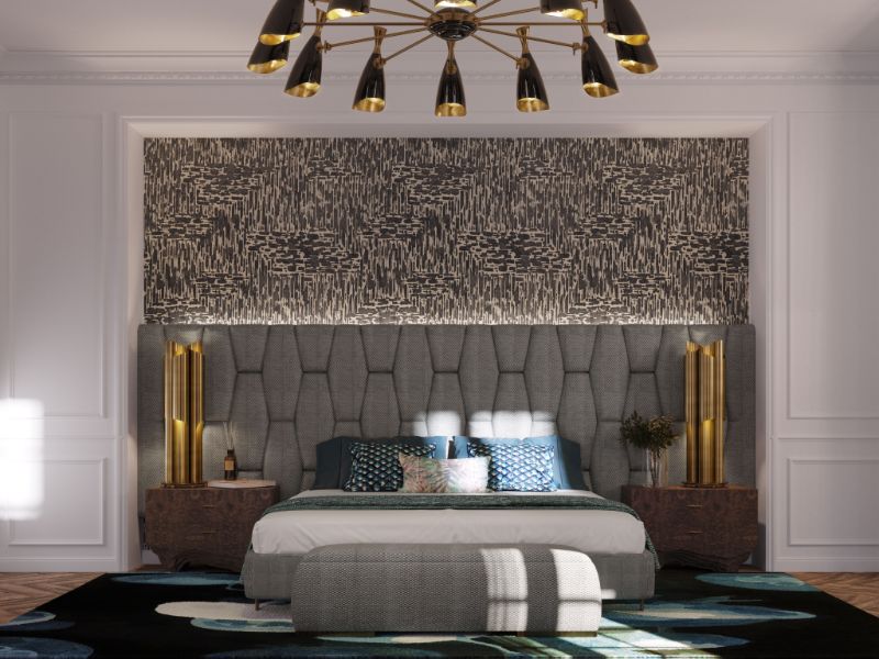 Modern bedroom with Medusa Rug in tones of blue