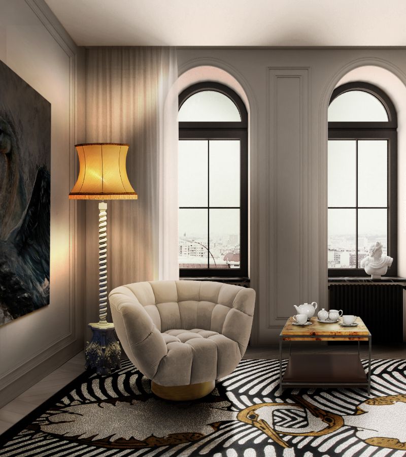 contemporary living room in black and white with the Couple rug and Essex armchair