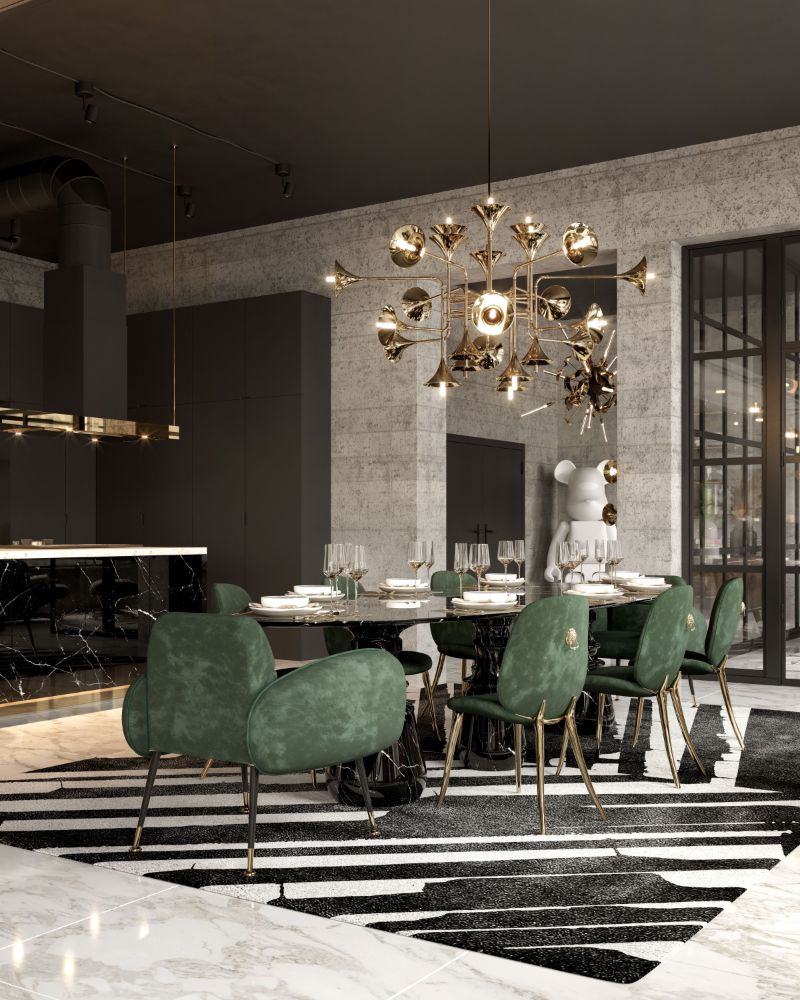 Classy dining room with Palm Rug and green soleil dining chairs with golden suspensions lights