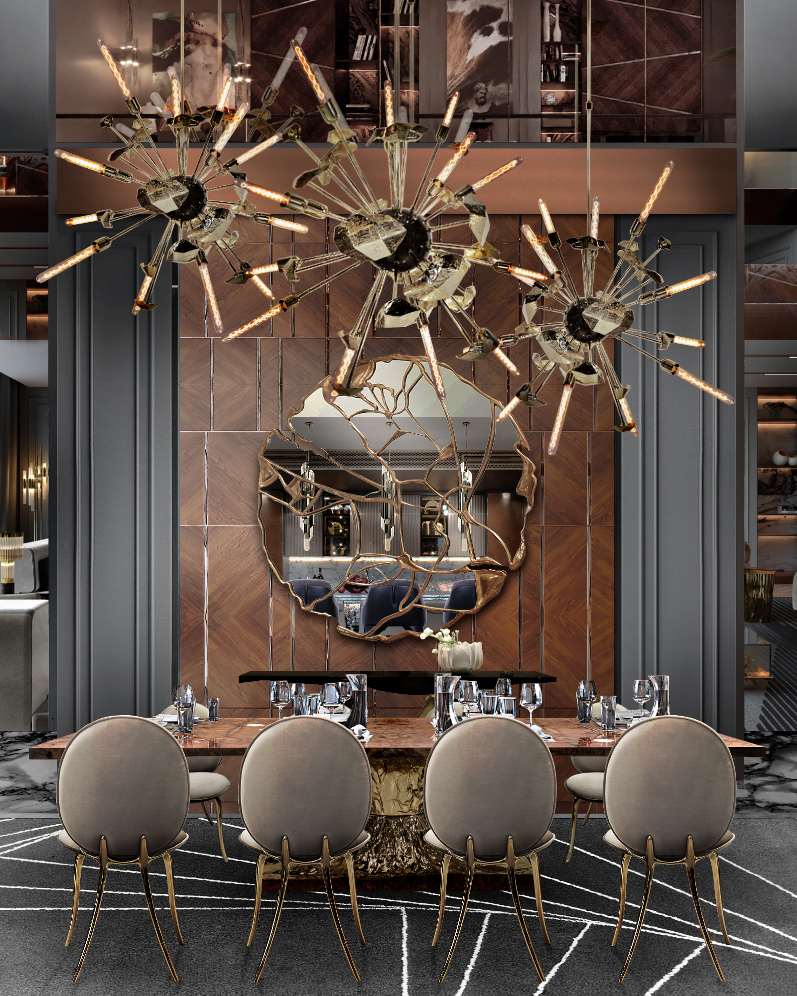 elegant dining room with area rug, supernova suspension lights and dinign chairs