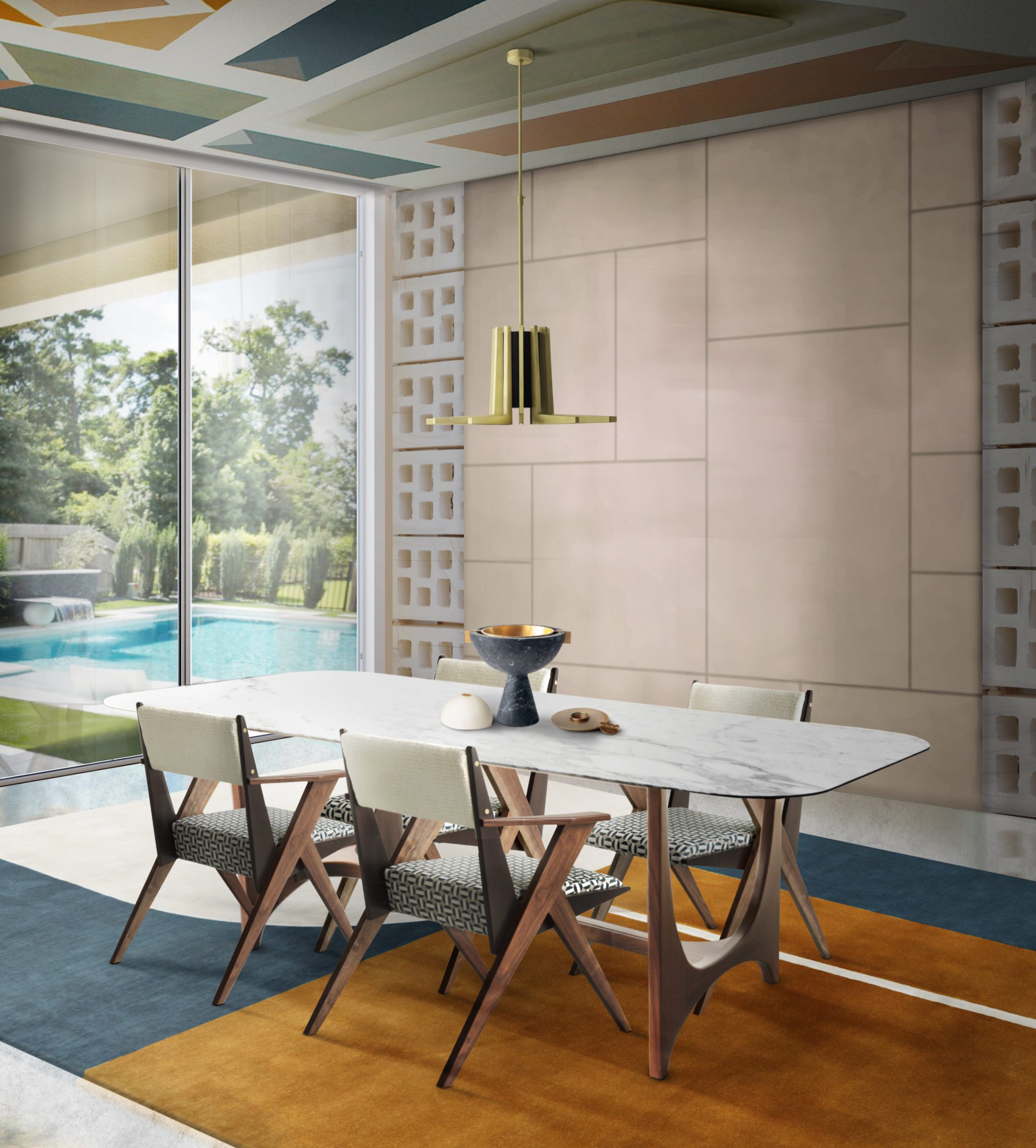 The Antelope rug is one of the most amazing mid-century rugs with a colorful pattern and geometric pattern. This rug matches nicely with the mid-century dining chairs and the golden suspension lights.