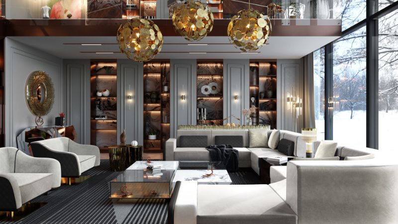 Modern minimalist living room with Air rug, golden suspension lights, white sofa and center table with 2 armchairs