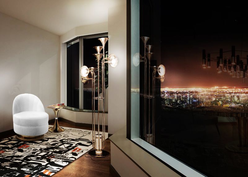 urban inkblind in modern living room with white armchair and standing lamp