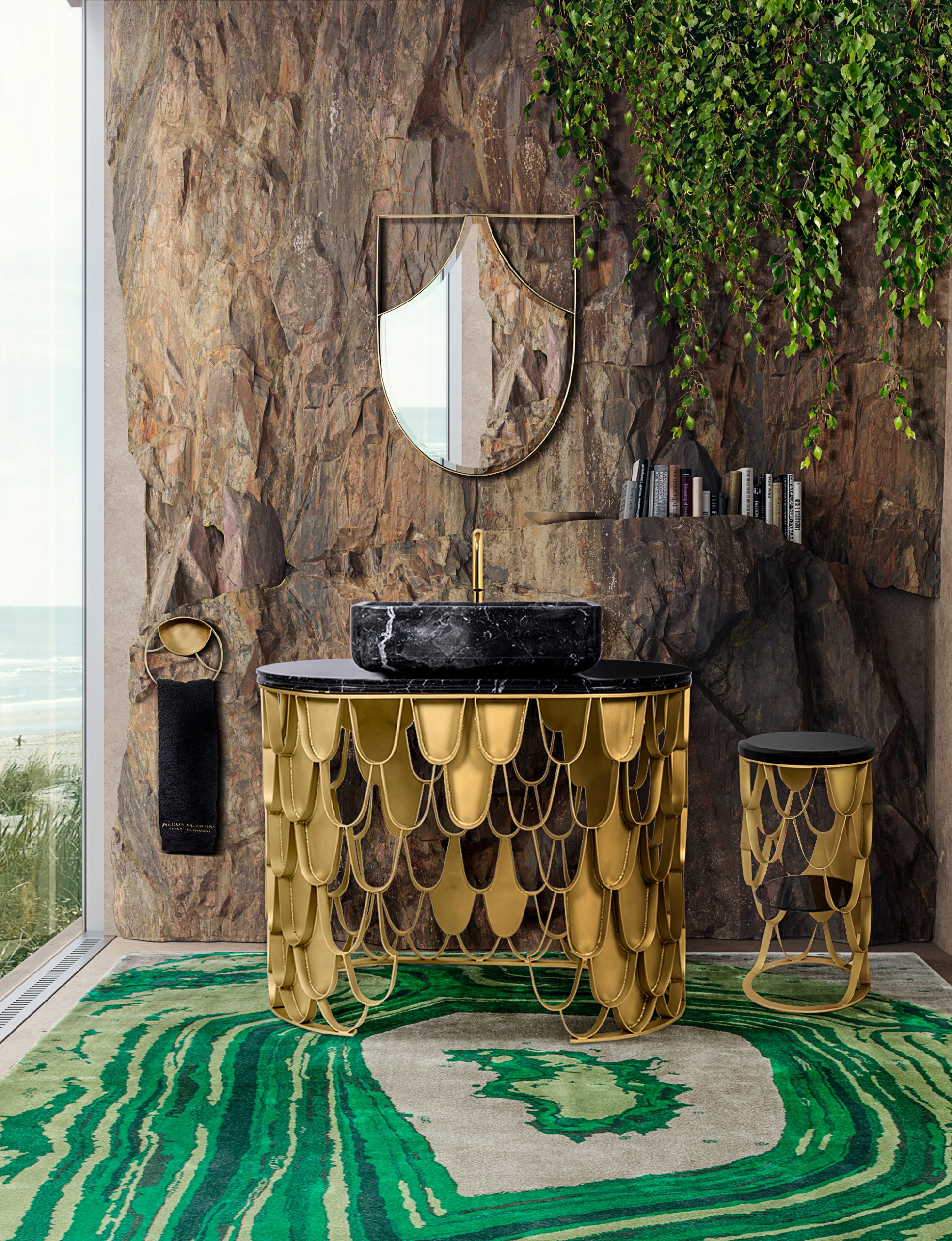 Luxury bathroom with Agatha rug in green version and koi console with marbled basine.