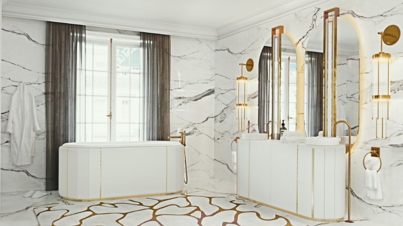 A Luxurious Rug For A Sovereign's Bathroom with the cell rug darian bathrub and darian basin