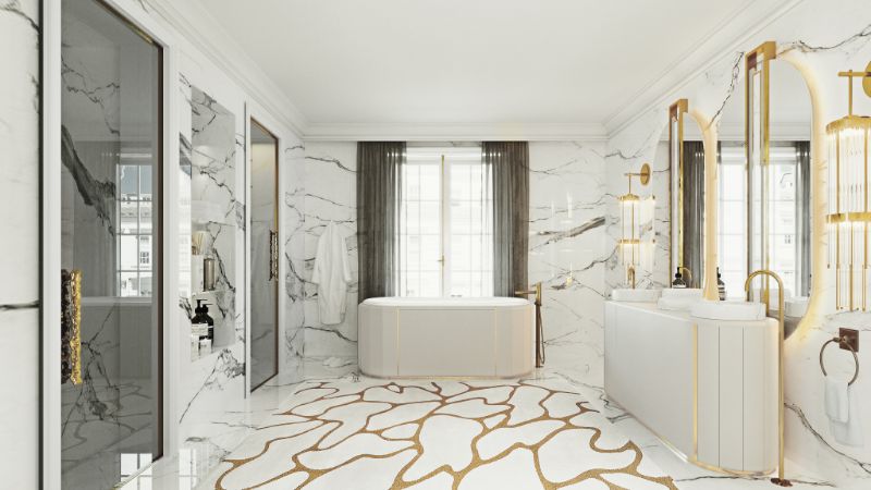 A Luxurious Rug For A Sovereign's Bathroom with the cell rug darian bathrub and darian basin