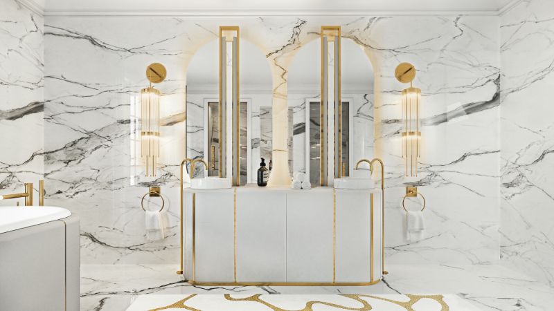 A Luxurious Rug For A Sovereign's Bathroom with the cell rug darian bathrub and darian basin
