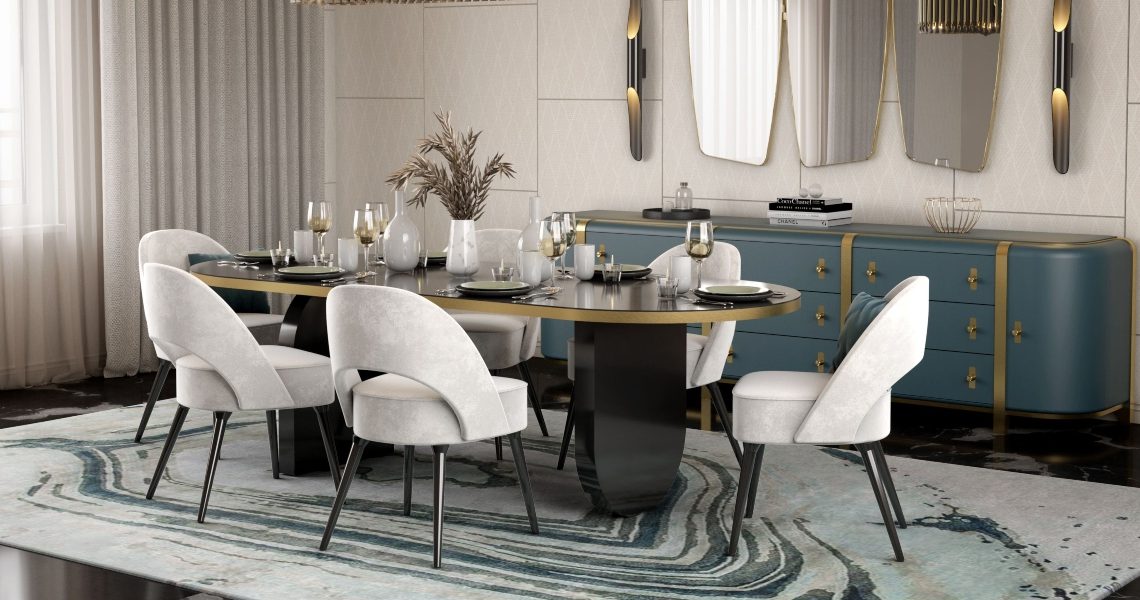 modern dining room with agatha rug