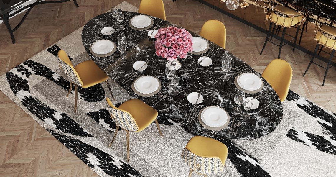 elegant dining room with imperial snake rug