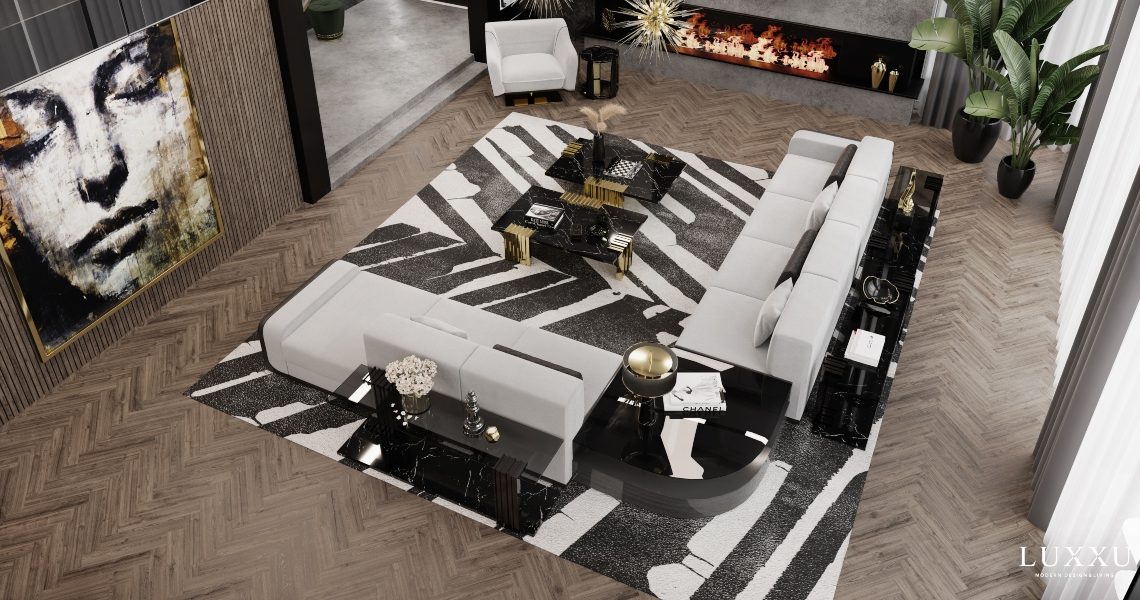 modern living room with palm rug