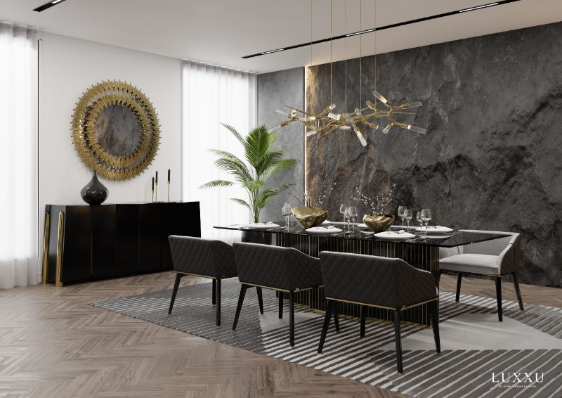 gray dining room with Air rug and suspension lights and round mirror
