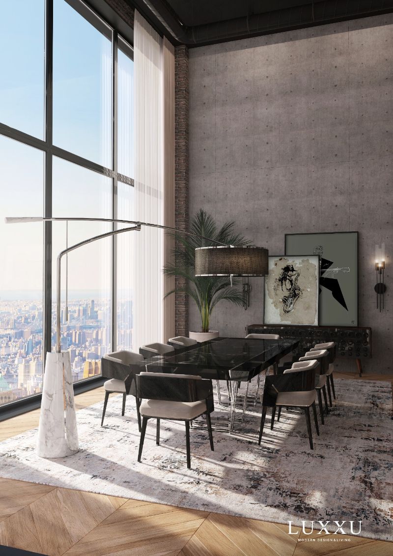 modern dining room with standing lamp in marble and area rug with gray tones and skeek black table