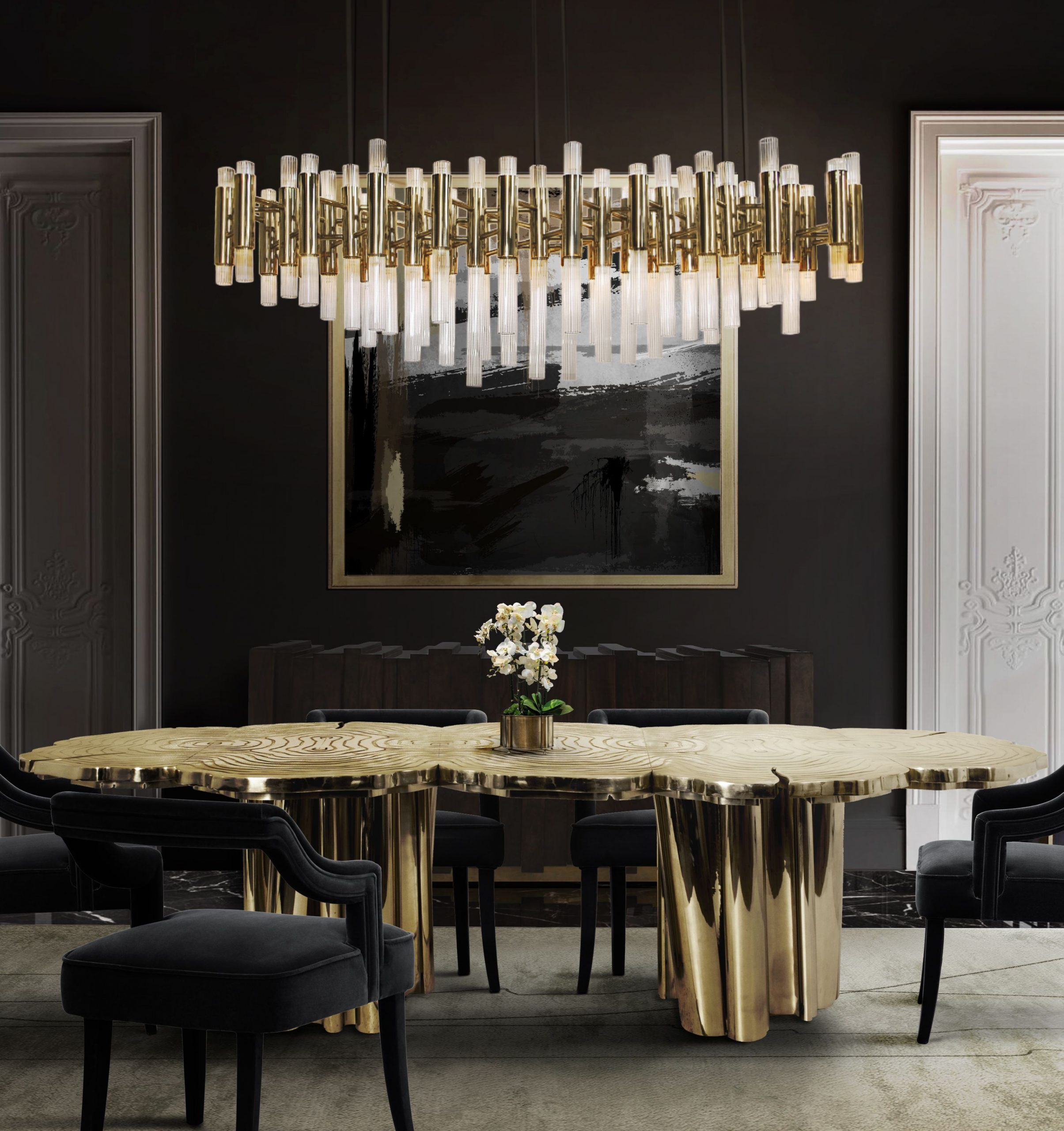 Majestic dining room with beige rug, suspension lights and golden dining table