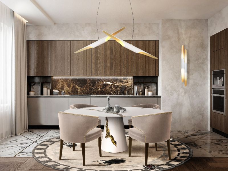 Modern contemporary dining room with Metamorphosis rug and suspension lights with white table