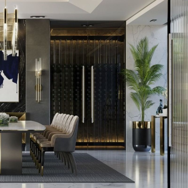 modern dining room with minimalist area rug and wall lights