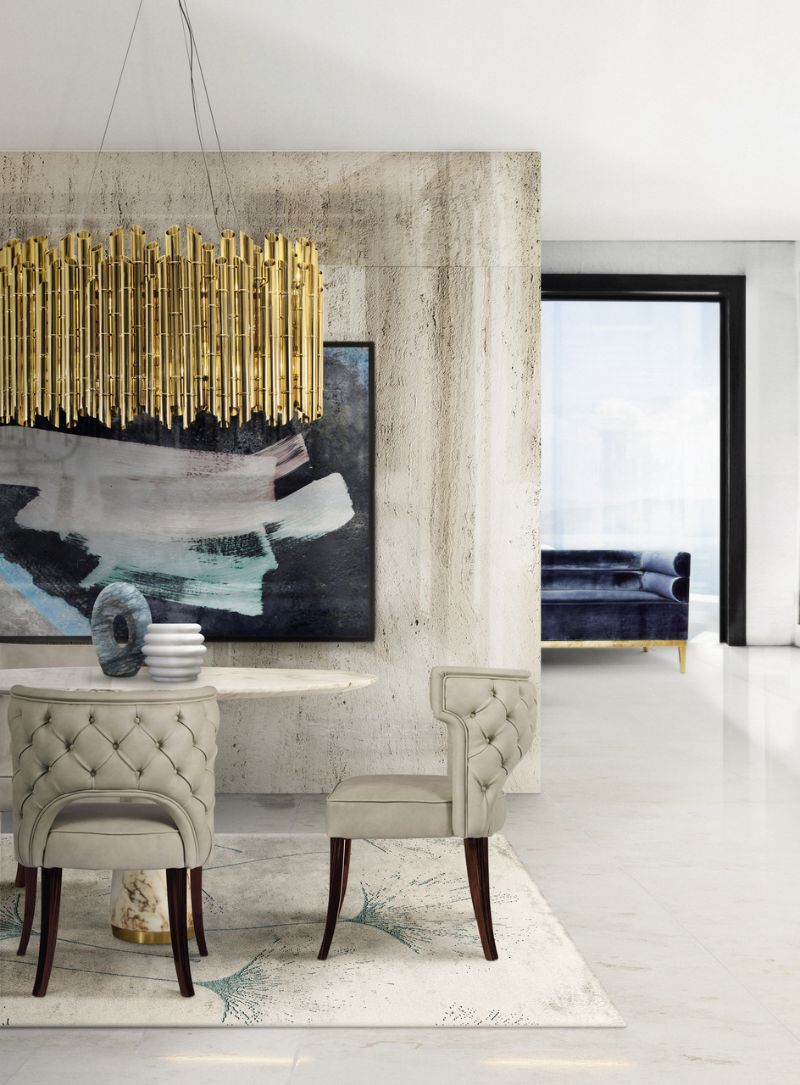 modern contemporary dining room with macushi rug and dining chairs