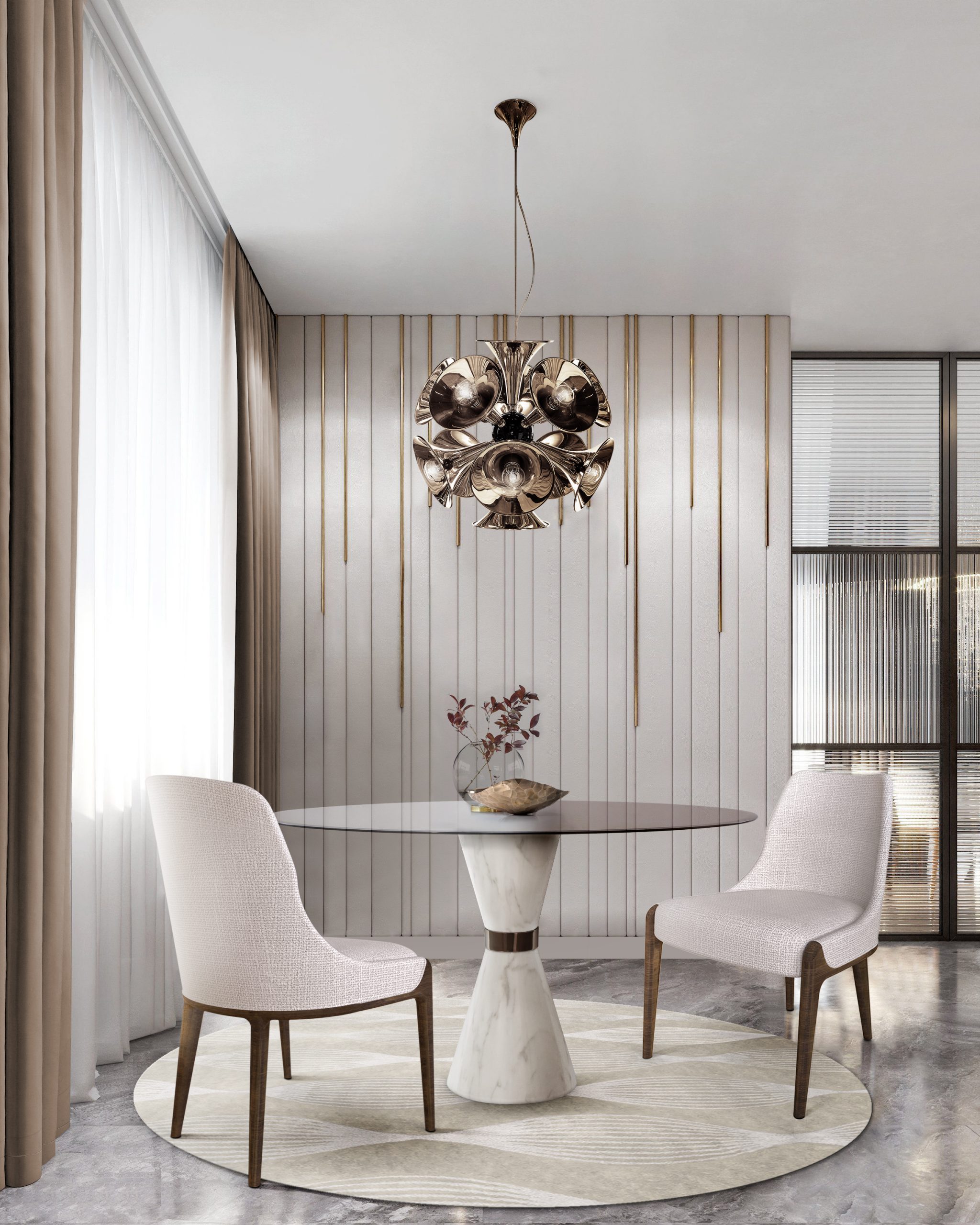 neat dining room with round rug in white and dining chairs with round dining table