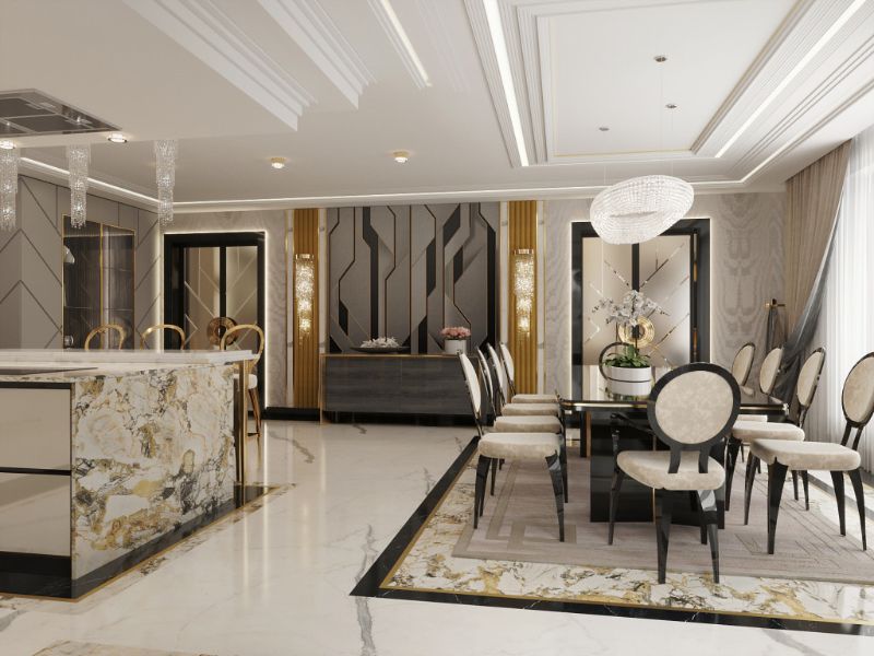 elegant and sober dining room with area rug