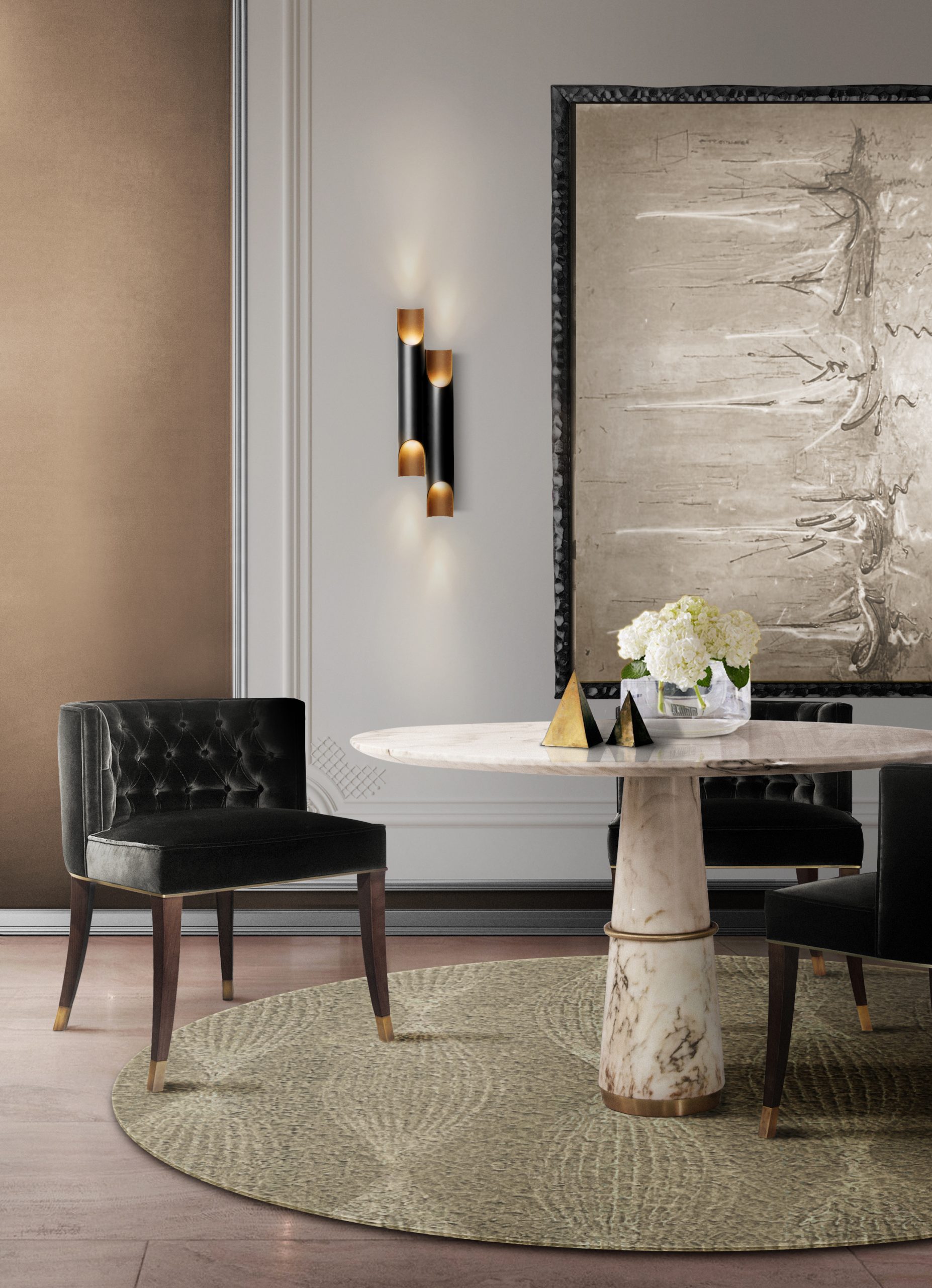 modern dining room with round rug and agra round table and velvet dining chair