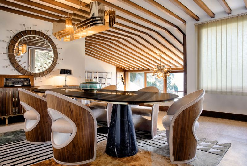 mid-century dining room with simba rug