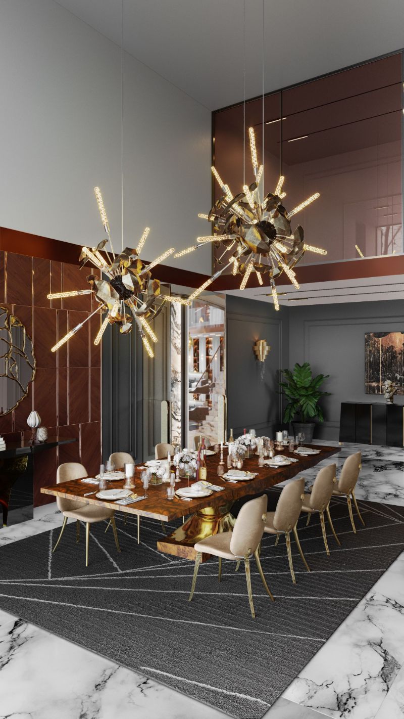luxurious dining room with black area rug with stripes and supernova lights