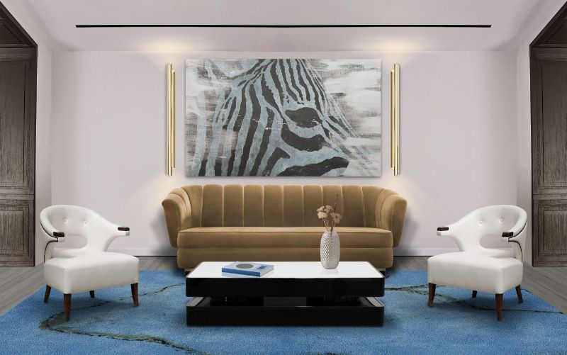 Miro rug in a modern contemporary living room with white armchairs and brown sofa