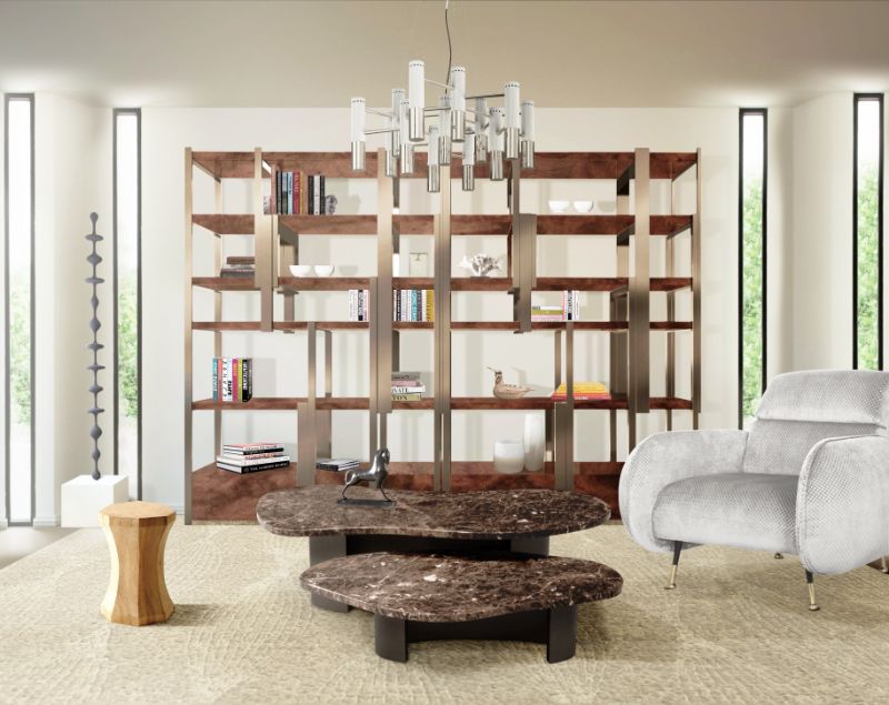 mud-century contemporary living room with light brown rug and center table with gray armchair
